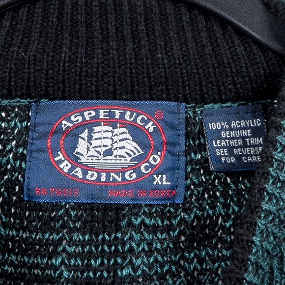 Aspetuck Trading Co VTG Sweater XL Mens Geometric Black Green Leather Trim - Picture 4 of 5